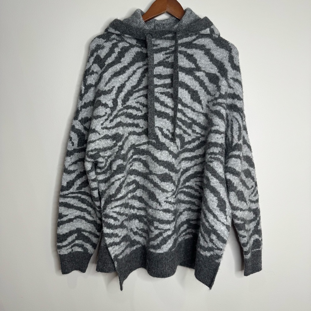 Zara Women’s Gray Animal‎ Print Wool Alpaca Blend Hooded Sweater XS/S Oversized